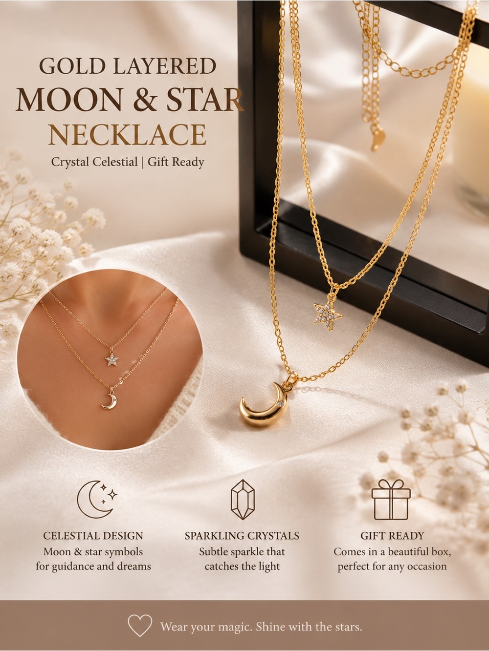 Rose Gold Layered Moon & Star Necklace | Crystal Celestial | Gift Ready